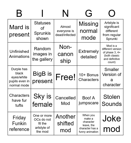 Sprunki Mod Bingo!!!111!!11!! Bingo Card