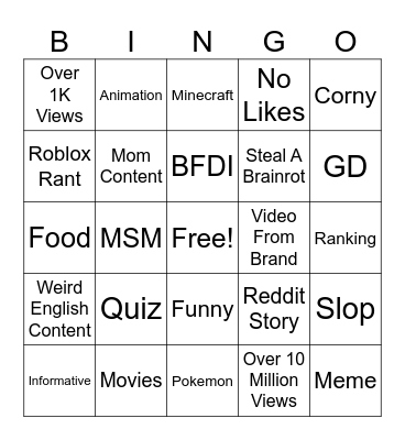 YouTube Shorts Bingo 2 Bingo Card