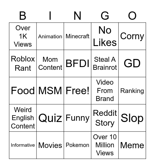 YouTube Shorts Bingo 2 Bingo Card