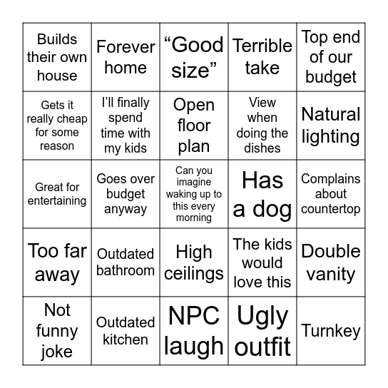 House Show Bingo Card