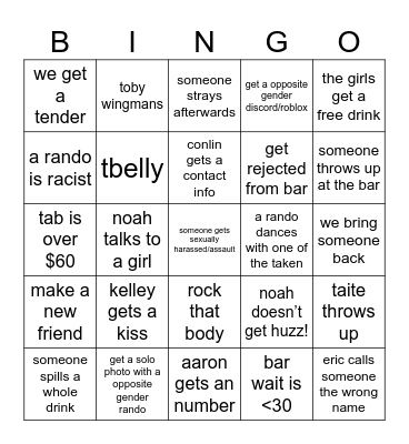 Bar Bingo Card