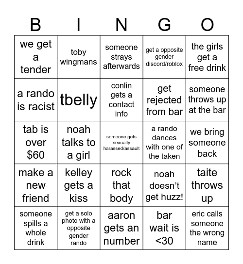 Bar Bingo Card