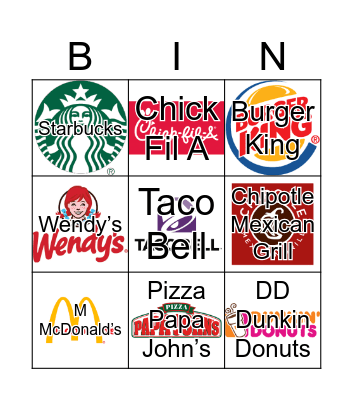 Fast Food Bingo Card