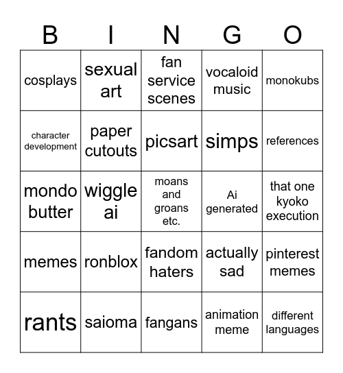 danganronpa bingo list Bingo Card