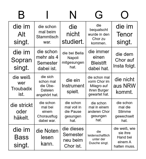 Finde eine Person, Bingo Card