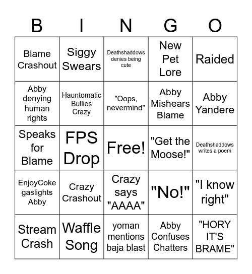 Blame's Bingo Card