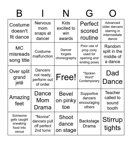 Dance Comp Bingo Card