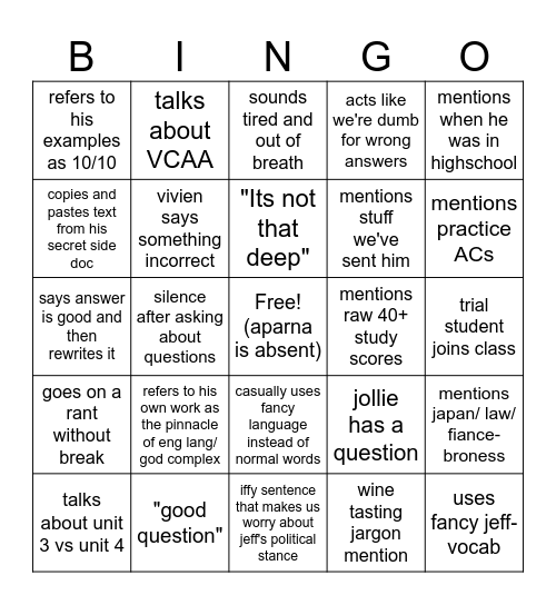 jeff Bingo Card
