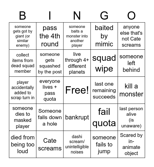 Lethal company bingo Card