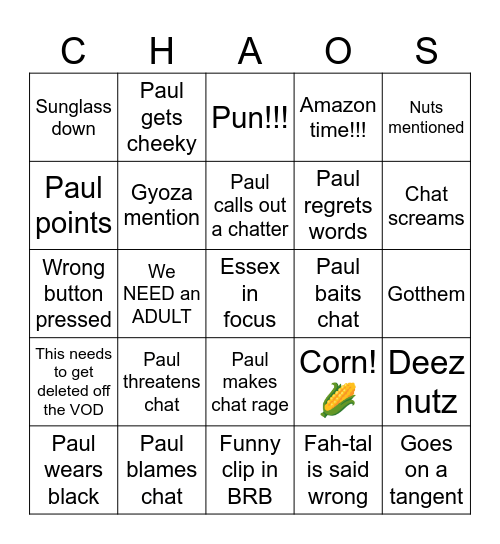 Chaos PAUL Bingo Card