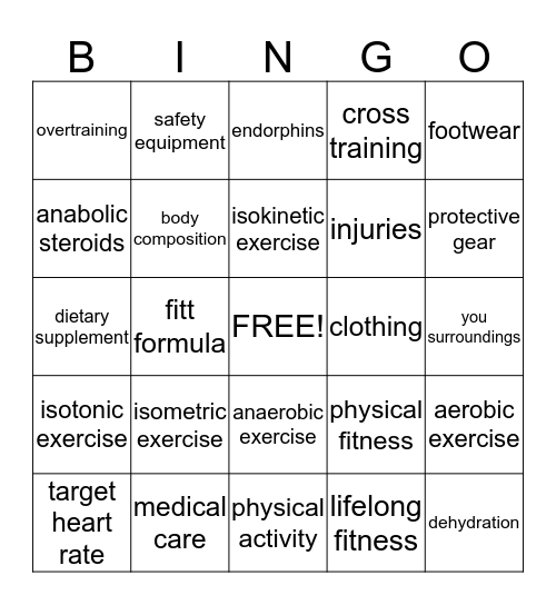 Exercise and Lifelong Fitness Bingo Card
