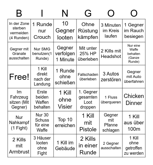 PUPG Bingo Challenge Bingo Card