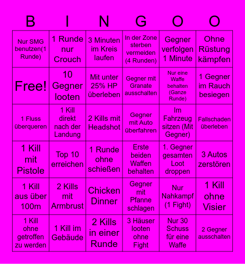 PUPG Bingo Challenge Bingo Card