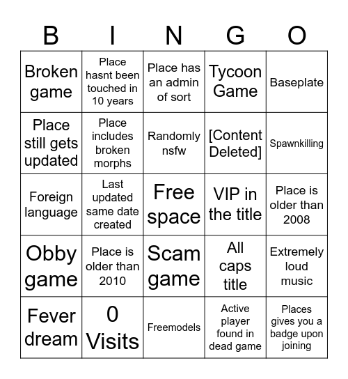 Roblox Place Roulette Bingo Card
