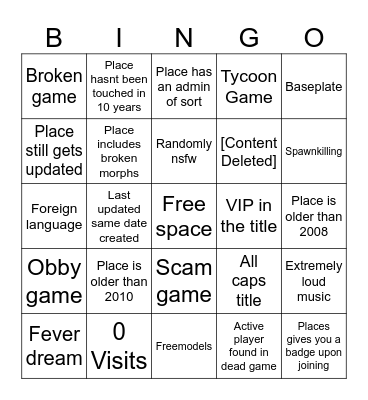 Roblox Place Roulette Bingo Card