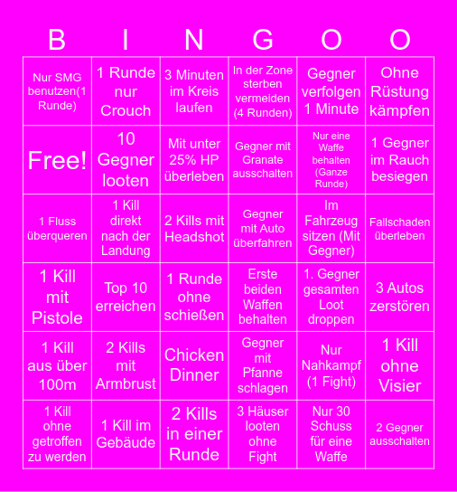 PUPG Bingo Challenge Bingo Card