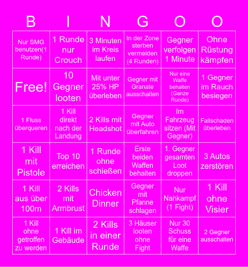 PUPG Bingo Challenge Bingo Card
