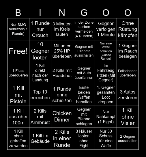 PUPG Bingo Challenge Bingo Card