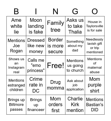 Dinner Bingo Card