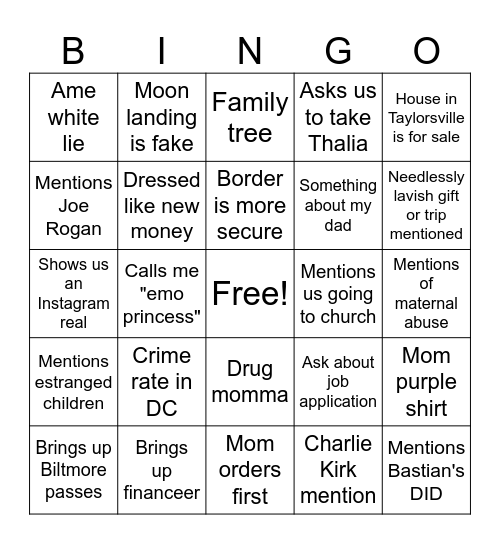 Dinner Bingo Card
