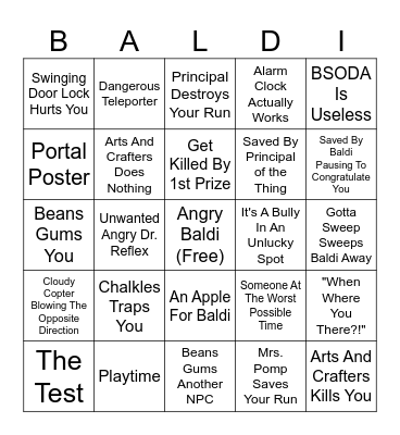 Baldi's Basics Plus Bingo Card