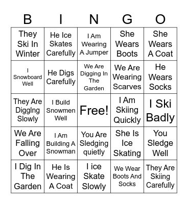 Lead The Way Unit 4 - Adverbs, Winter Clothes And Activities, Present Simple And Present Simple Bingo Card