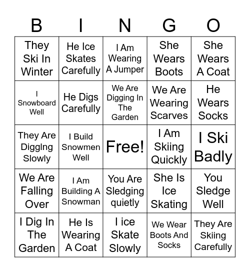 Lead The Way Unit 4 - Adverbs, Winter Clothes And Activities, Present Simple And Present Simple Bingo Card