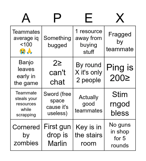 Uni's Project Apex Outbreak Bingo (4x4) Bingo Card