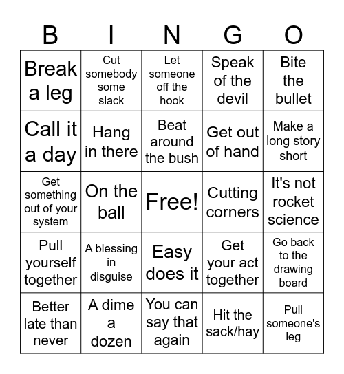 English Idioms In D.I.P Bingo Card