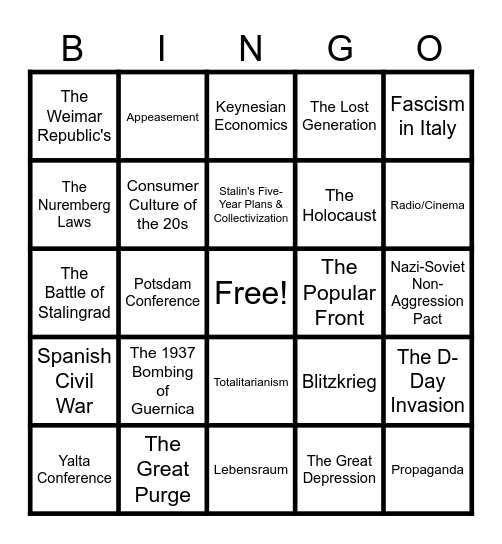 AP EURO Unit 8 Bingo Card
