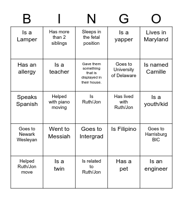 Ruth & Jon's Housewarming People Bingo Card