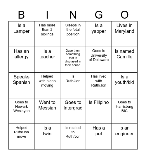 Ruth & Jon's Housewarming People Bingo Card