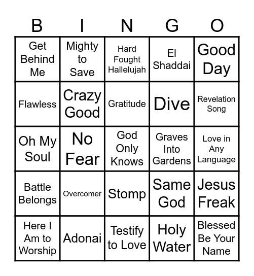 Christian Hits Bingo Card