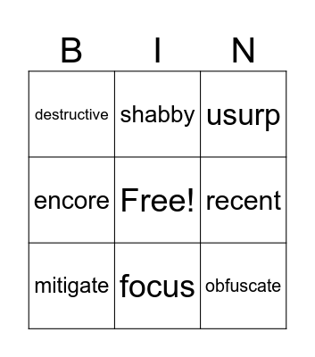 Vocabulary April 26 - May 4 Bingo Card