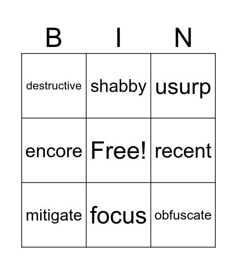 Vocabulary April 26 - May 4 Bingo Card