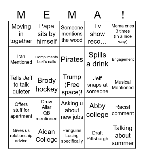 Mema’s 80th Bingo Card