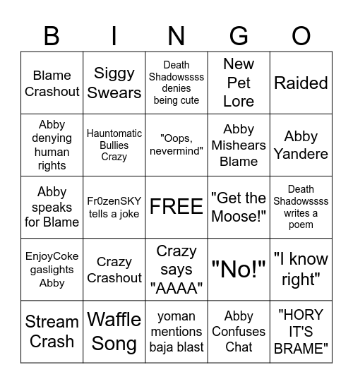 Blame's Bingo Card