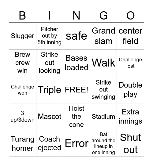 Baseball Bingo Card