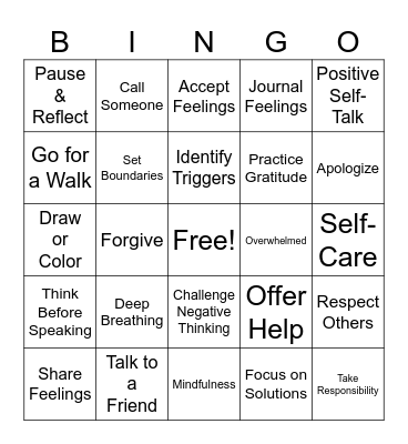 Managing Anger & Social Support Bingo Card