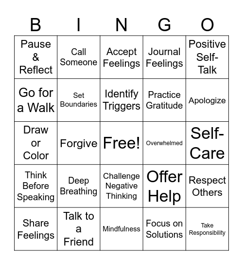 Managing Anger & Social Support Bingo Card