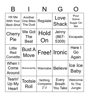 80's and 90's Hits Bingo Card