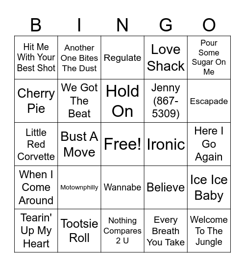 80's and 90's Hits Bingo Card