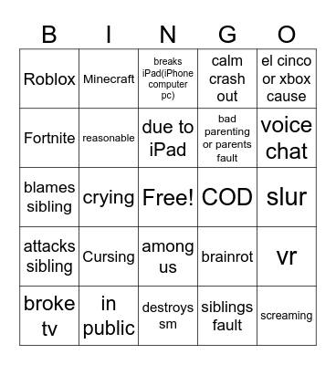 kids crashing out comp bingo chart Bingo Card