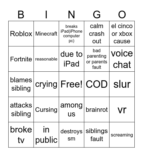 kids crashing out comp bingo chart Bingo Card
