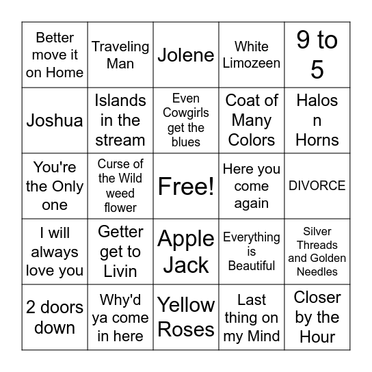 Dolly Parton Music Bingo Card