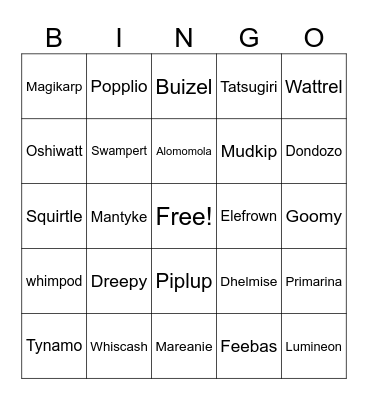 Towns Pokemon Fishing Bingo Card