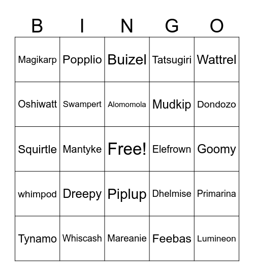 Towns Pokemon Fishing Bingo Card