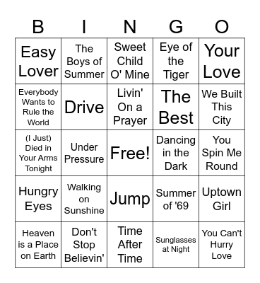 80's Party Bingo Card