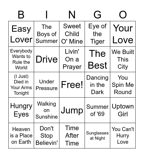 80's Party Bingo Card