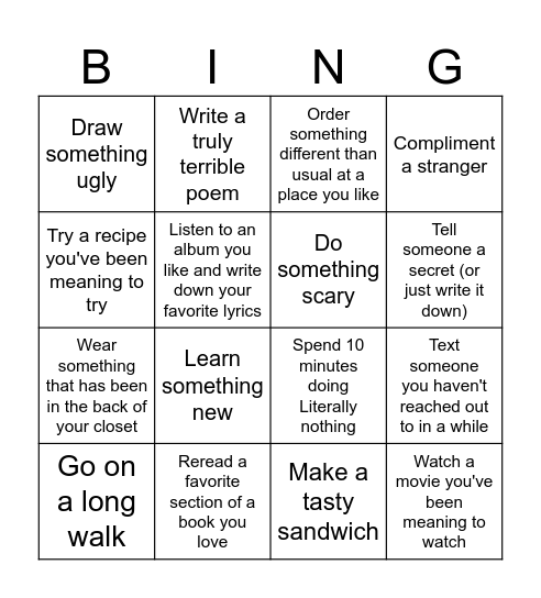 Lily's Journal Bingo Card